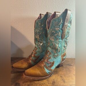 Unique Ferrini Turquoise & Brown Leather Boots with Silver Glitter Inlay Size 10